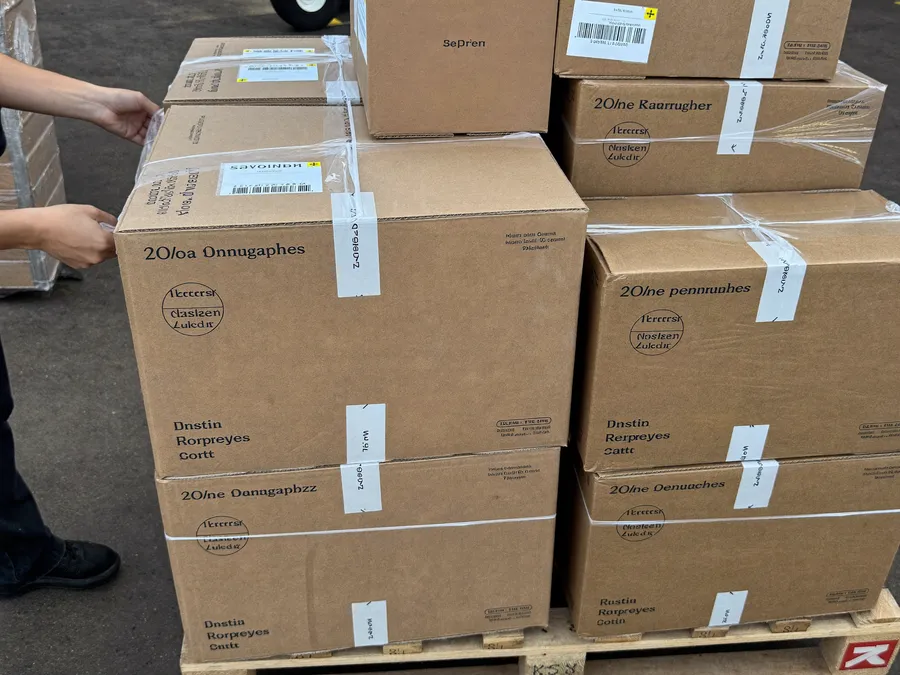 Fertig verpackte Kartons werden auf der Palette gesichert